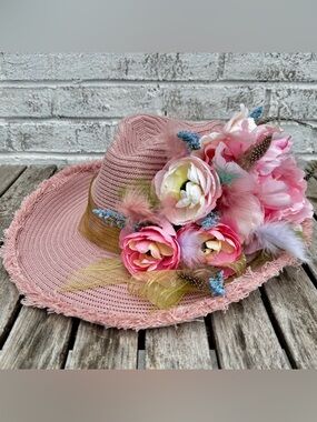 🐎 Kentucky Derby 🐎 Pink Floral Sun Hat Flowers Feathers Handmade Unique